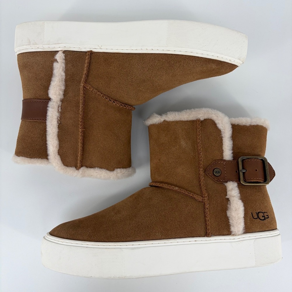 UGG Aika Sneaker Boots Womens 8 Chestnut Suede Shearling Buckle Platform 1104069 - Picture 4 of 11